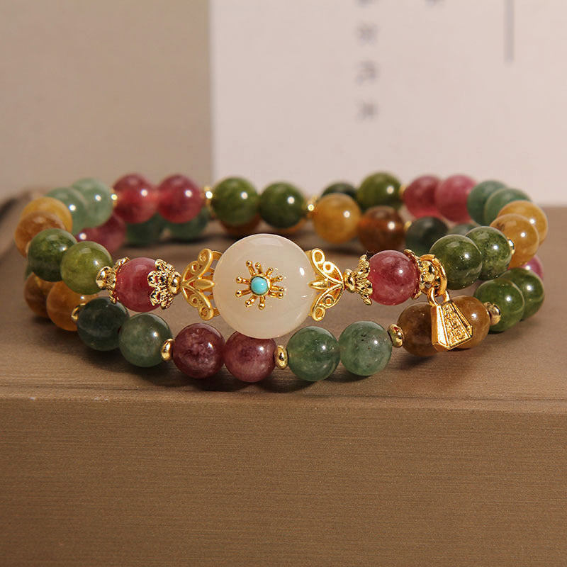 Fortune Jewel Natural Multicolored Tourmaline Positive Jade Flower Double Wrap Bracelet