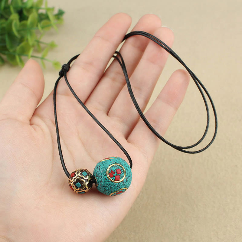 Fortune Jewel Tibetan Turquoise Double Bead Protection Strength Necklace Pendant