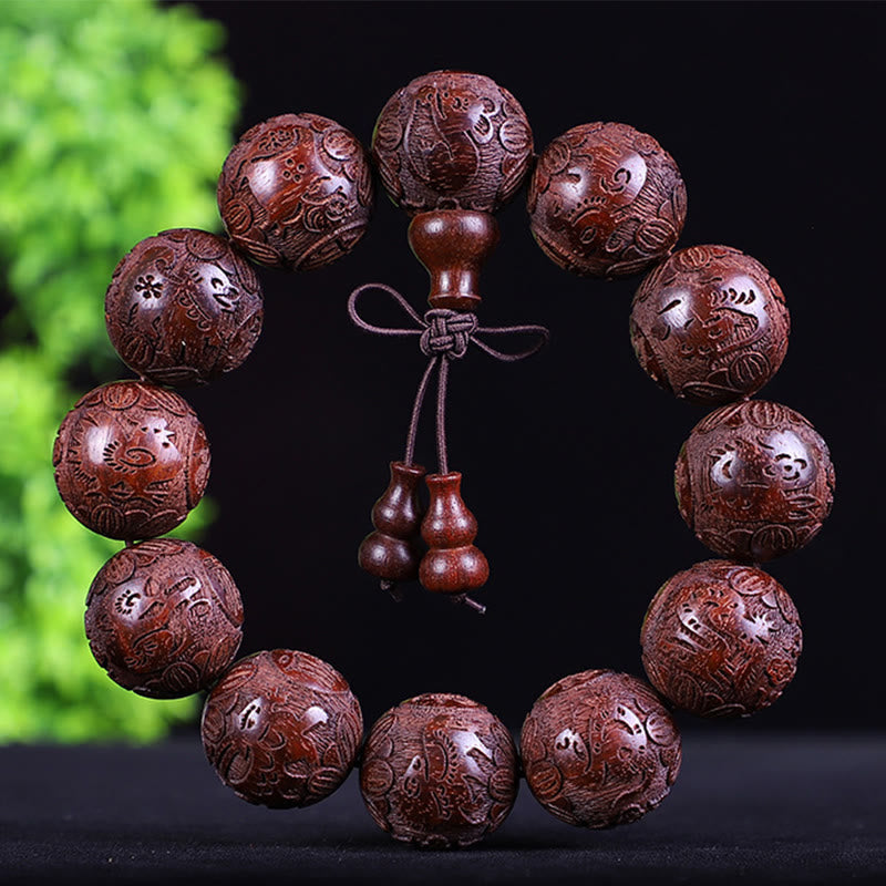 Fortune Jewel Chinese Zodiac Rosewood Ebony Copper Coin PiXiu Carved Warmth Bracelet