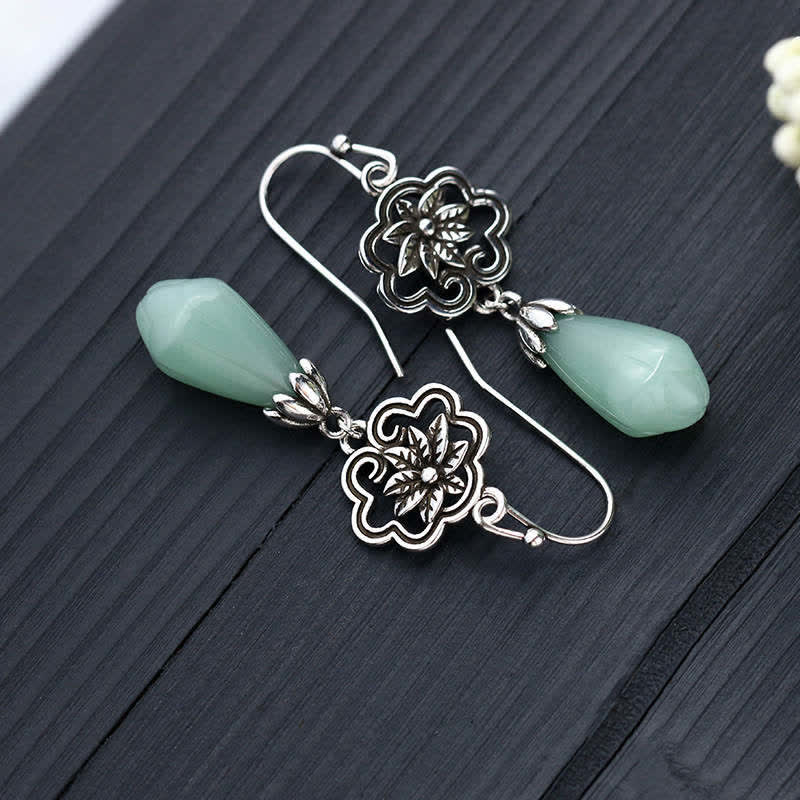 Fortune Jewel Magnolia Flower Jade Water Drop Prosperity Dangle Earrings