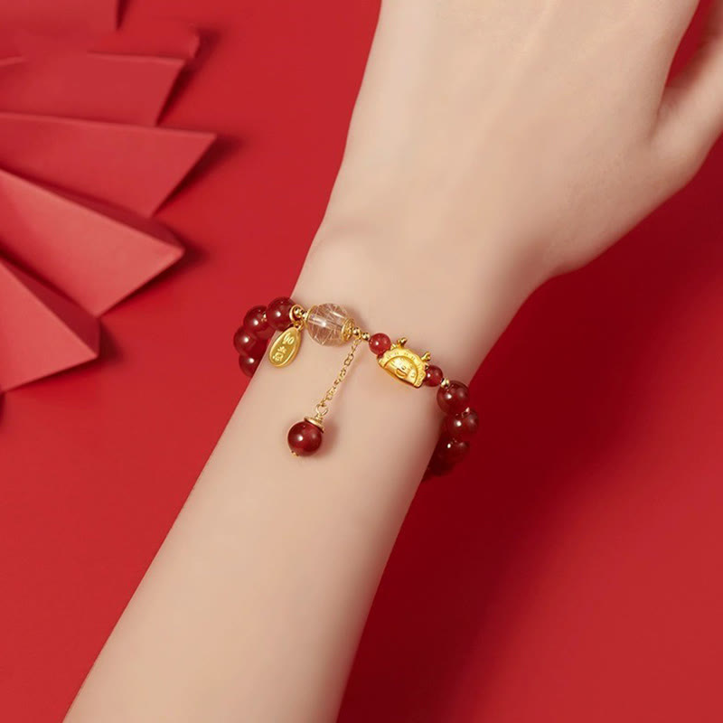 Fortune Jewel Year of the Dragon Dumpling Natural Red Agate Garnet Hetian Jade Fu Character Luck Success Bracelet