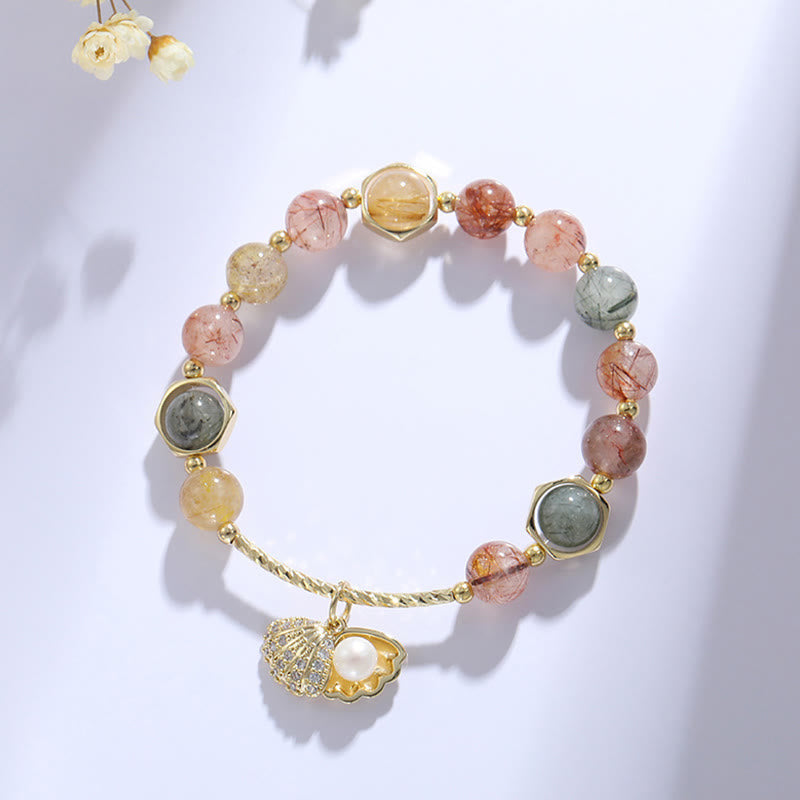 Fortune Jewel Natural Colorful Rutilated Quartz Shell Protection Bead Bracelet