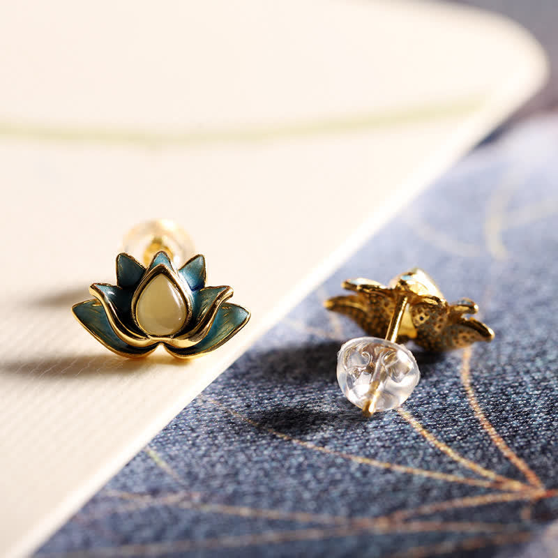 925 Sterling Silver Hetian Cyan Jade Lotus Flower Success Earrings Fortune Jewel