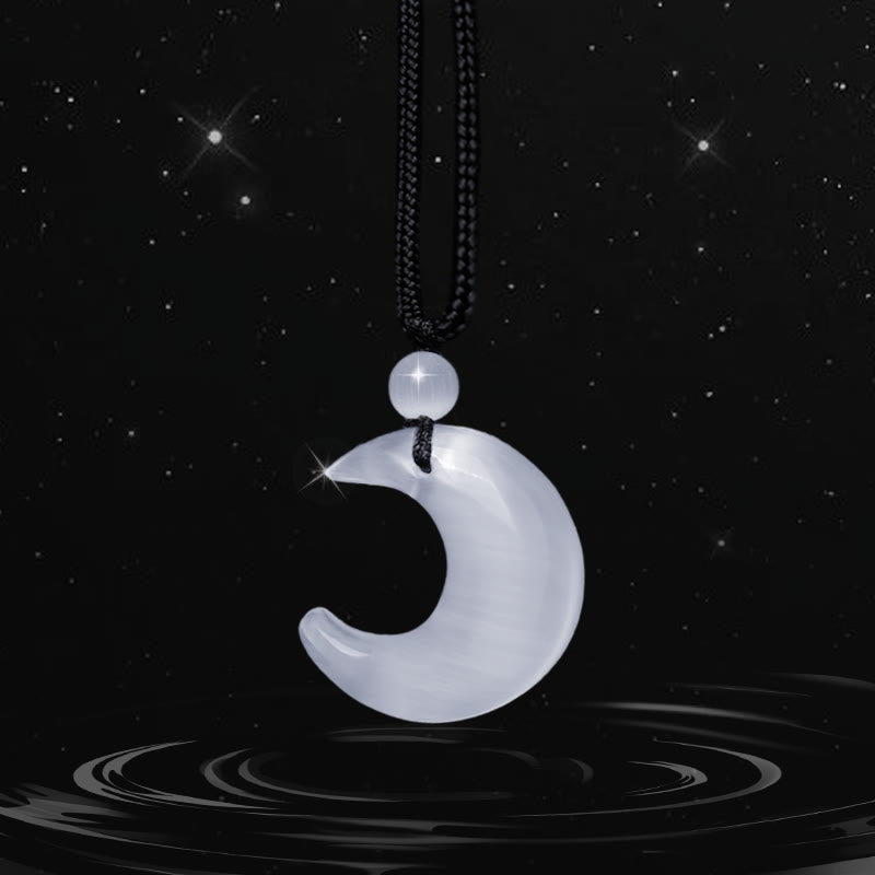 Fortune Jewel Natural Silver Sheen Obsidian Selenite Crystal Crescent Moon Yin Yang Couple Protection Necklace Pendant