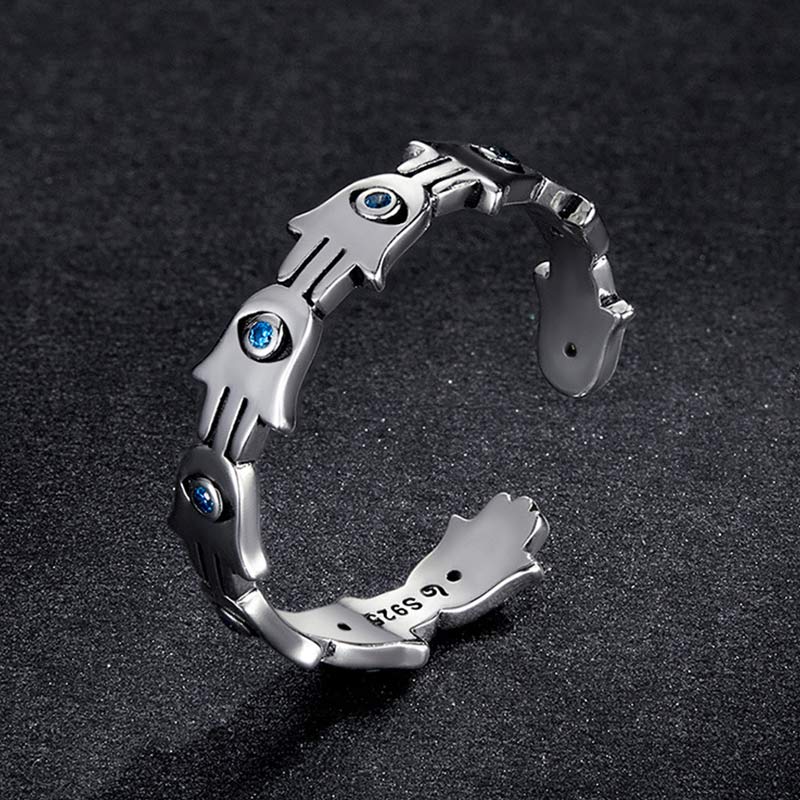Fortune Jewel 925 Sterling Silver Hamsa Symbol Zircon Adjustable Ring
