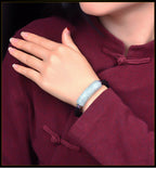 Natural Myanmar Grade A Jade Curved Bar Bracelet – Handmade with Good Fortune and Longevity Carvings