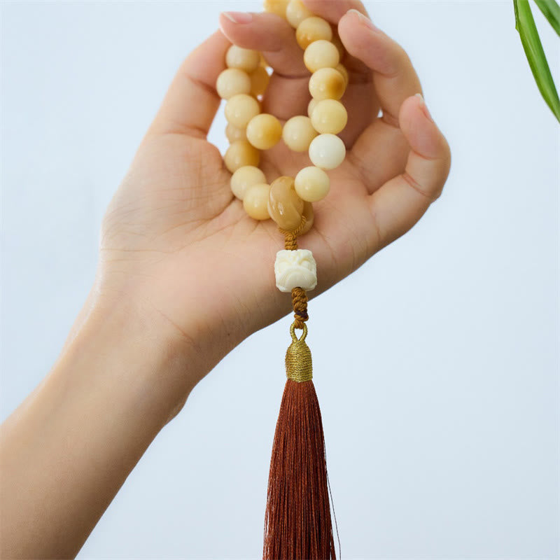 Fortune Jewel Natural Bodhi Seed Ivory Fruit Dancing Lion Charm Harmony Tassel Wrist Mala
