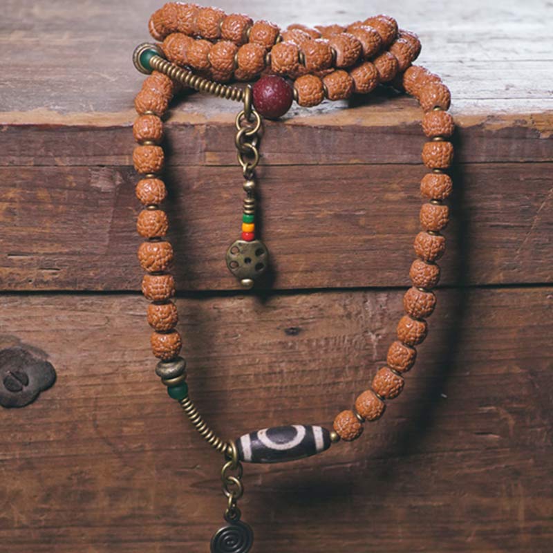 Fortune Jewel 108 Mala Rudraksha Beads Bodhi Seed Dzi Bead Luck Auspiciousness Tassel Bracelet