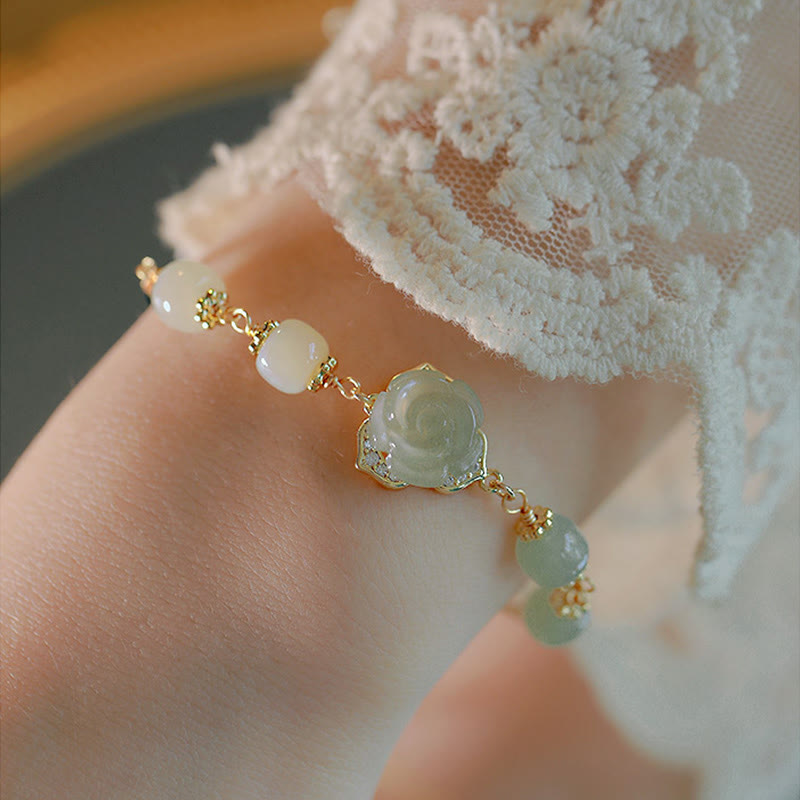 Fortune Jewel 14K Gold Plated Hetian Jade Rose Flower Luck Chain Bracelet