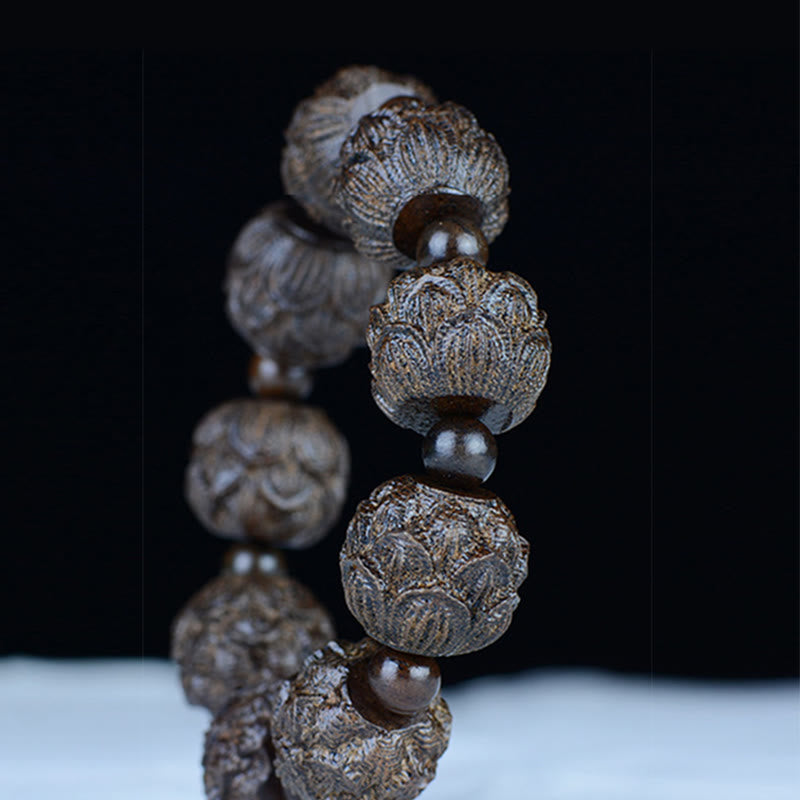 Fortune Jewel Ebony Wood Eighteen Arhats Lotus Dragon Engraved Balance Bracelet Fortune Jewel