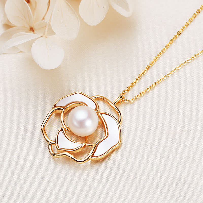 Fortune Jewel 925 Sterling Silver Pearl Camellia Pattern Happiness Necklace Pendant Earrings