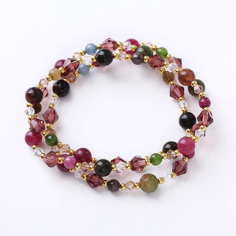 Fortune Jewel Natural Tourmaline Strawberry Quartz Amethyst Peace Wisdom Double Wrap Bracelet