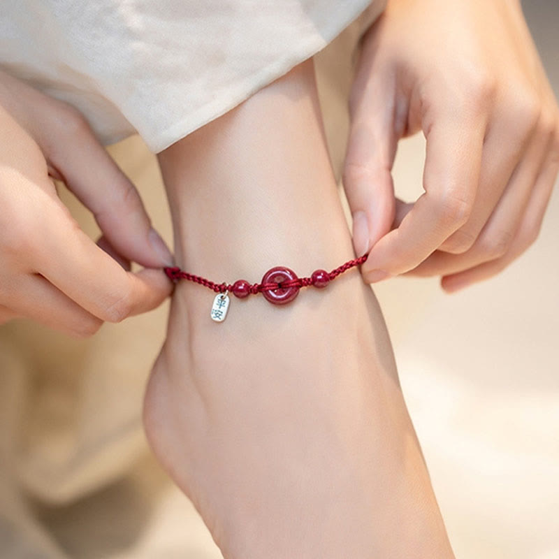 Fortune Jewel Handmade Cinnabar Peace Buckle Safe and Healthy Charm Blessing String Bracelet Anklet