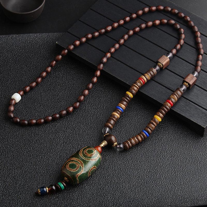 Fortune Jewel Turquoise Dzi Bead Prayer Wheel Wenge Wood Meditation Necklace