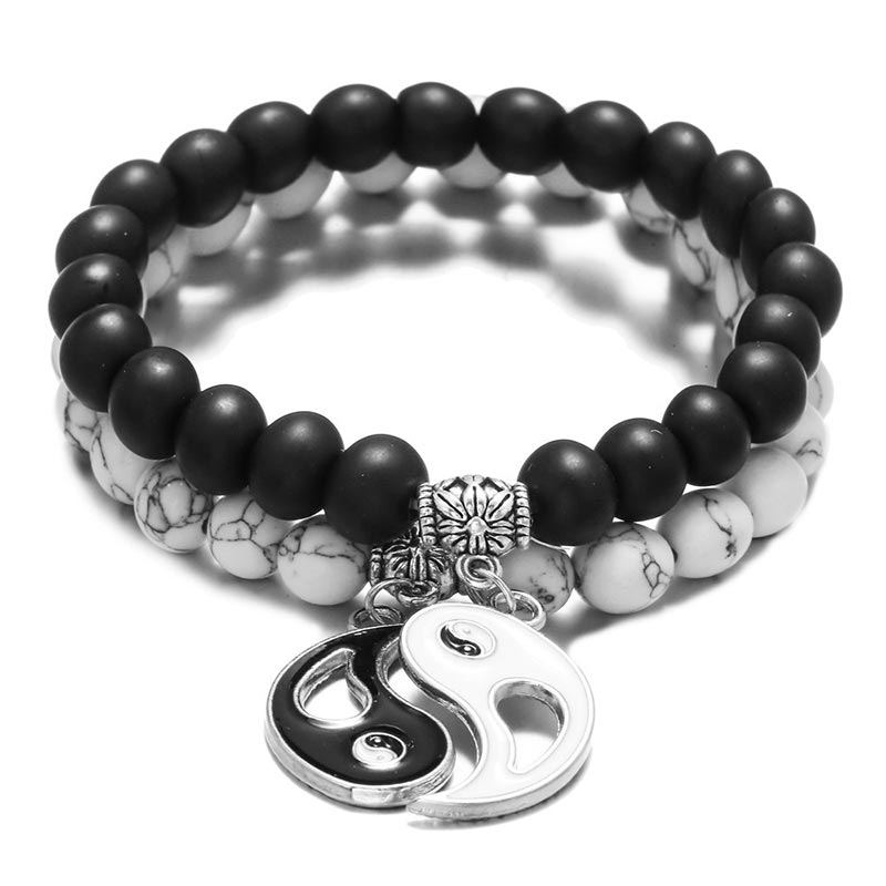 Fortune Jewel 2pcs Natural Black Onyx White Turquoise Bead Yin Yang Couple Bracelet