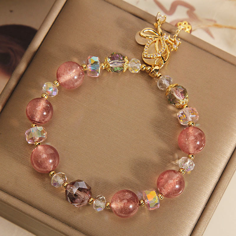 Fortune Jewel Natural Strawberry Quartz Healing Positive Butterfly Charm Bracelet