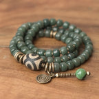 Fortune Jewel Cyan Bodhi Seed Dzi Bead Wisdom Peace Triple Wrap Bracelet