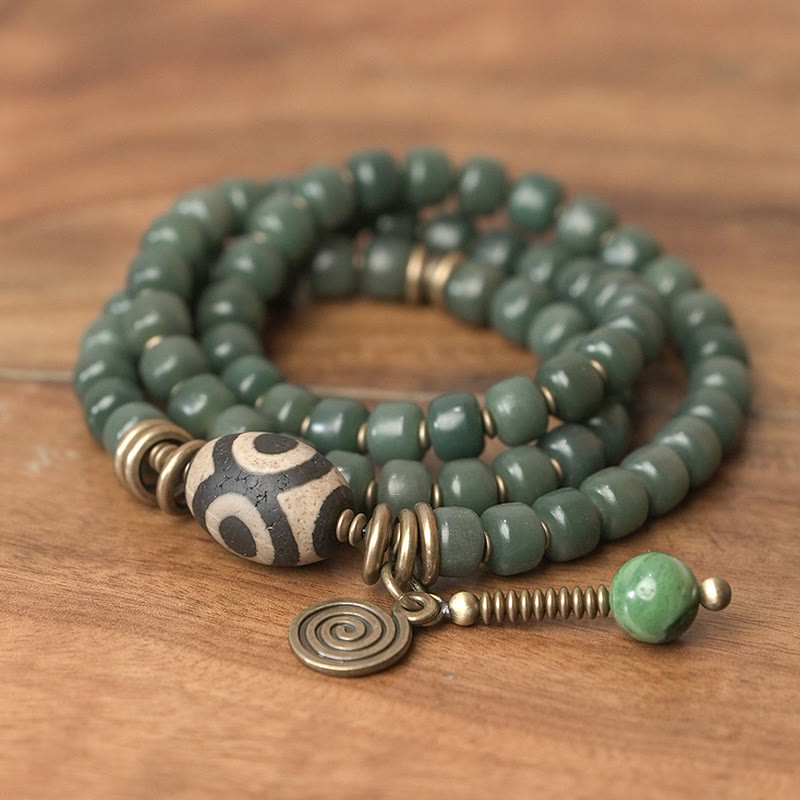 Fortune Jewel Cyan Bodhi Seed Dzi Bead Wisdom Peace Triple Wrap Bracelet