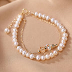 Fortune Jewel 925 Sterling Silver Plated 14k Gold Natural Pearl Crystal Healing Double Layer Bracelet