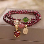 Fortune Jewel Natural Garnet Strawberry Quartz Crystal Fox Koi Fish Peace Buckle Fortune Protection Triple Wrap Bracelet