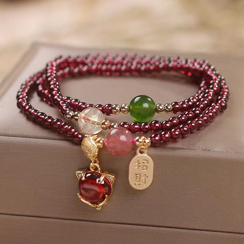Fortune Jewel Natural Garnet Strawberry Quartz Crystal Fox Koi Fish Peace Buckle Fortune Protection Triple Wrap Bracelet