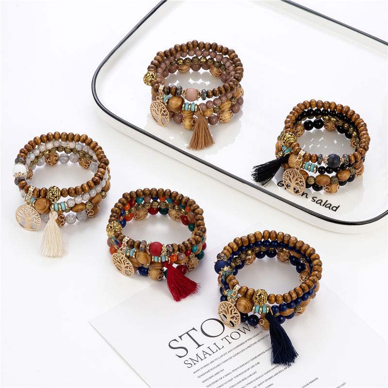 Fortune Jewel Wenge Wood Layered Tree Tassel Healing Bracelet - Fortune Jewel