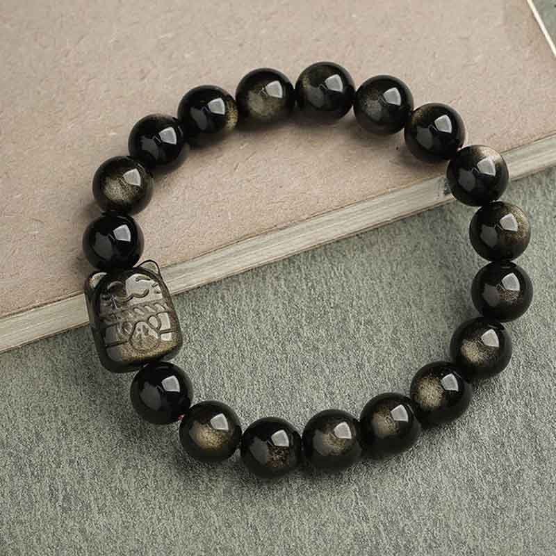 Fortune Jewel Gold Sheen Obsidian Silver Sheen Obsidian Lovely Paw Lucky Cat Protection Bracelet