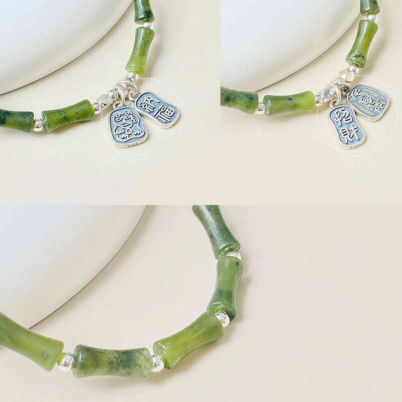 Fortune Jewel 925 Sterling Silver Bamboo Jade Lucky Cat Fu Character Luck Abundance Bracelet