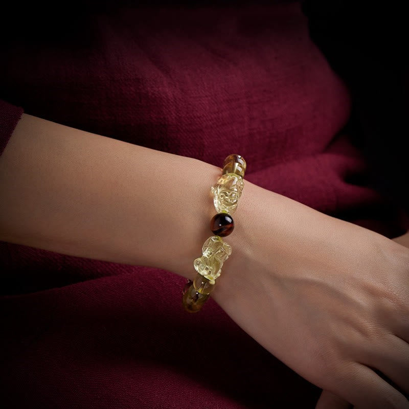 Fortune Jewel Natural Citrine Double PiXiu Tiger Eye Prosperity Protection Bracelet
