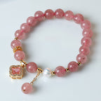 Fortune Jewel Strawberry Quartz Pearl Four Leaf Clover Charm Healing Bracelet
