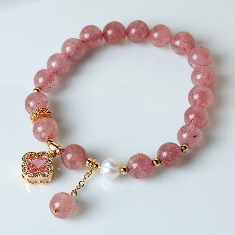 Fortune Jewel Strawberry Quartz Pearl Four Leaf Clover Charm Healing Bracelet