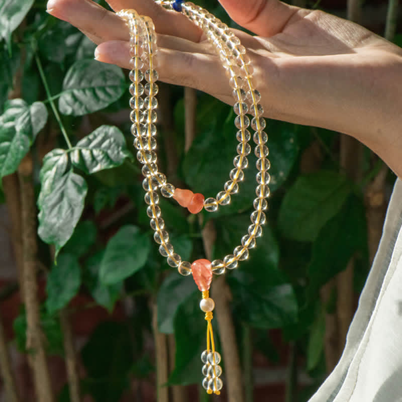 Fortune Jewel 108 Mala Beads 925 Sterling Silver Natural Citrine Red Agate White Jade Prosperity Charm Bracelet