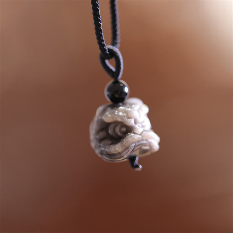 Fortune Jewel Natural Silver Sheen Obsidian Dancing Lion Protection Necklace Pendant