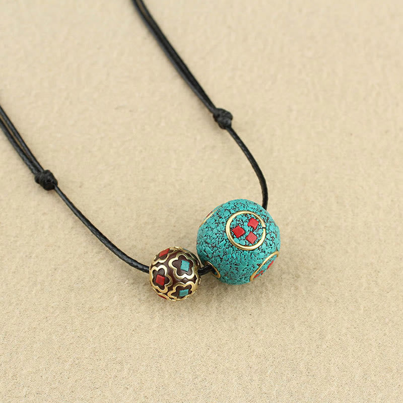 Fortune Jewel Tibetan Turquoise Double Bead Protection Strength Necklace Pendant