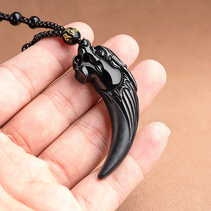 Fortune Jewel Natural Black Jade Chinese Zodiac Dragon Tooth Pattern Protection Necklace Pendant Fortune Jewel