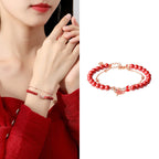 Fortune Jewel 925 Sterling Silver Lucky Koi Fish Cinnabar Zircon Prosperity Double Layer Chain Bracelet