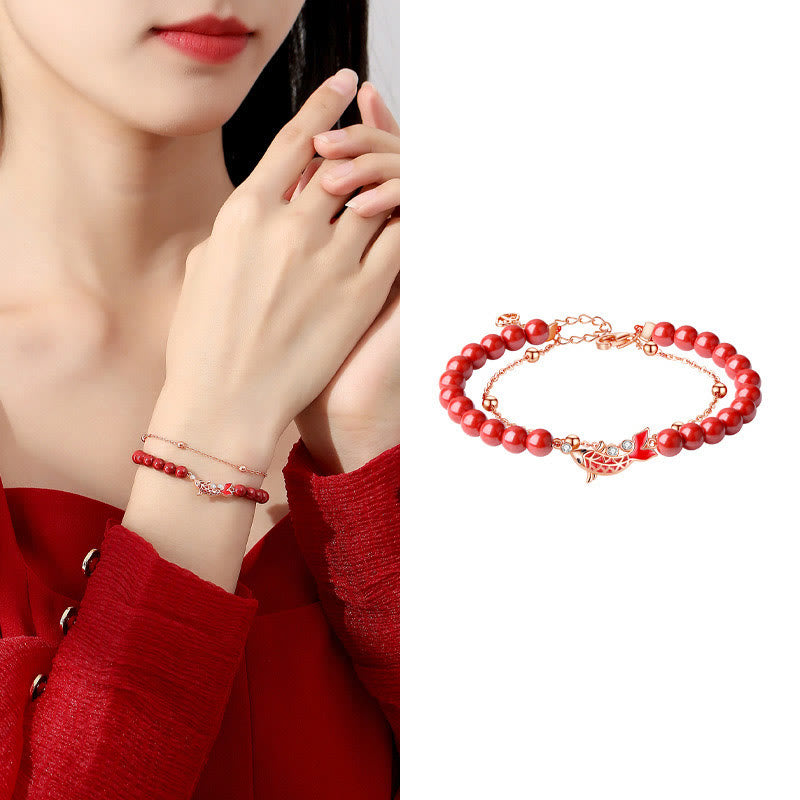 Fortune Jewel 925 Sterling Silver Lucky Koi Fish Cinnabar Zircon Prosperity Double Layer Chain Bracelet