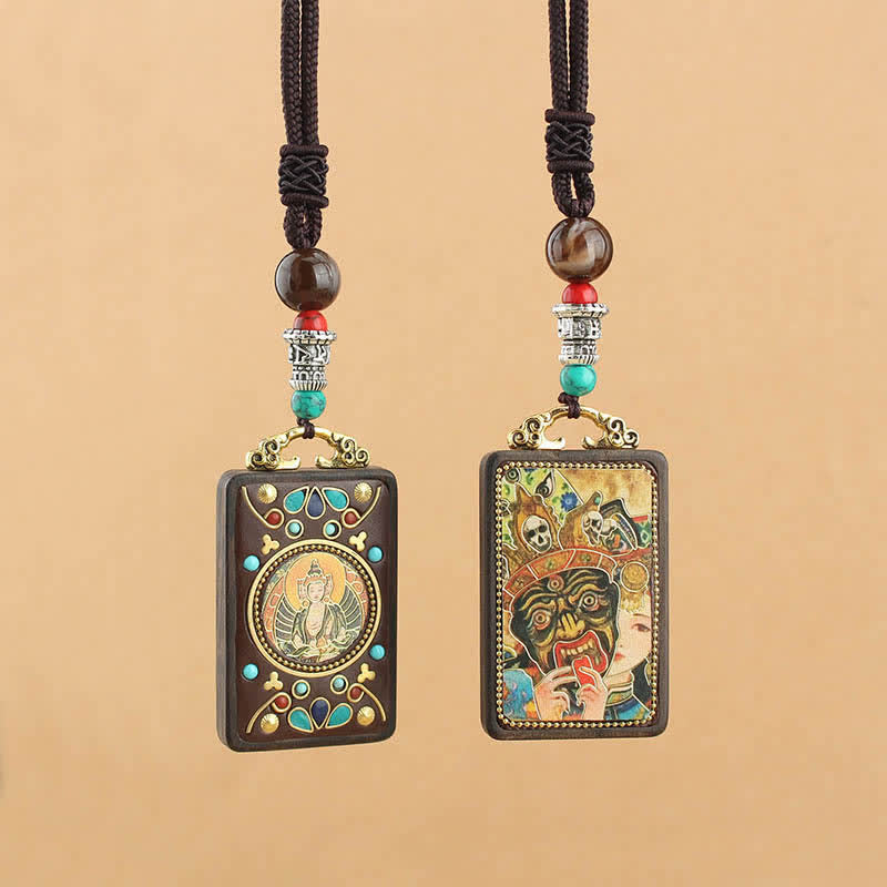 Fortune Jewel Tibet God of Wealth Thangka Ebony Peace Necklace Pendant