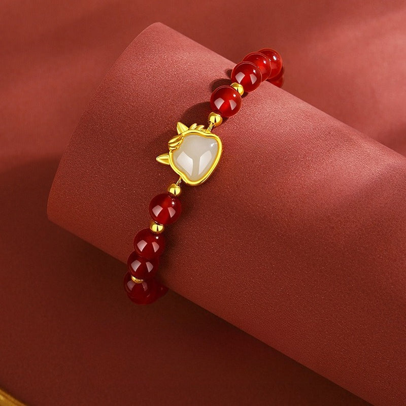 Women’s S925 Silver Red Agate Lucky Horse Bracelet, Retro Chinese Zodiac Year Jewelry