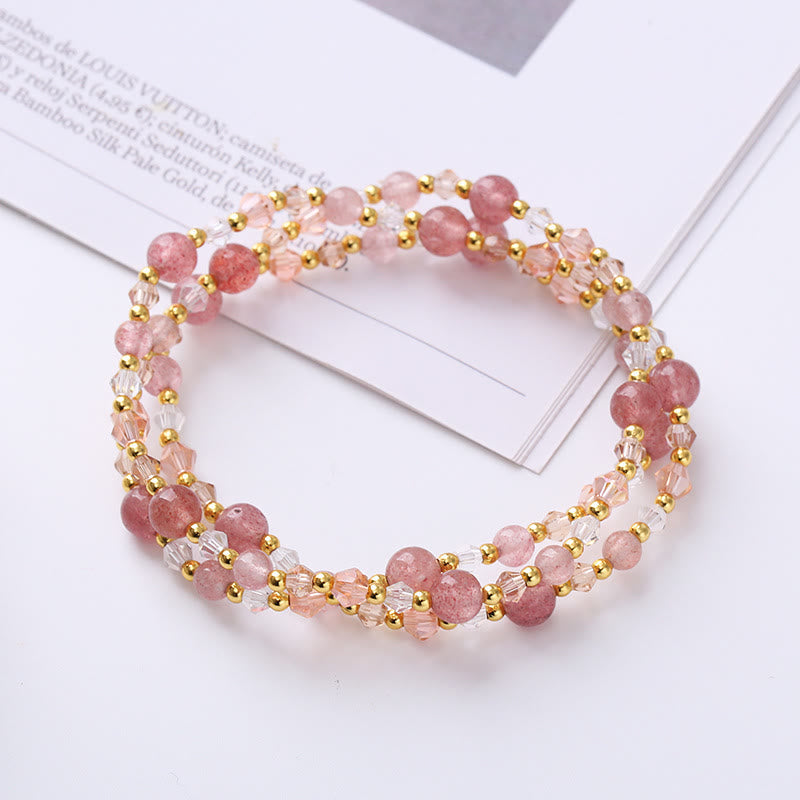 Fortune Jewel Natural Tourmaline Strawberry Quartz Amethyst Peace Wisdom Double Wrap Bracelet