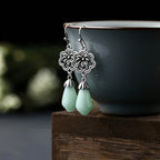 Fortune Jewel Magnolia Flower Jade Water Drop Prosperity Dangle Earrings