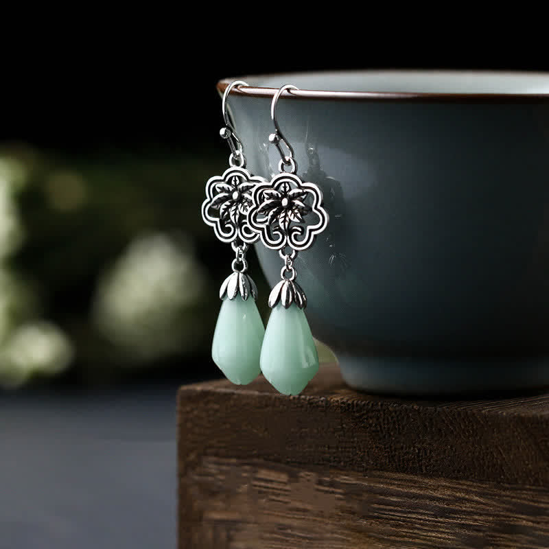 Fortune Jewel Magnolia Flower Jade Water Drop Prosperity Dangle Earrings