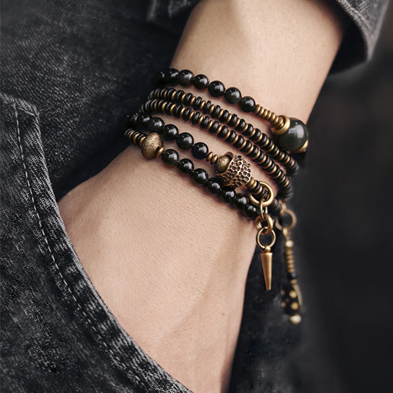 Fortune Jewel Rainbow Obsidian Ebony Wood Copper Positive Multilayer Bracelet
