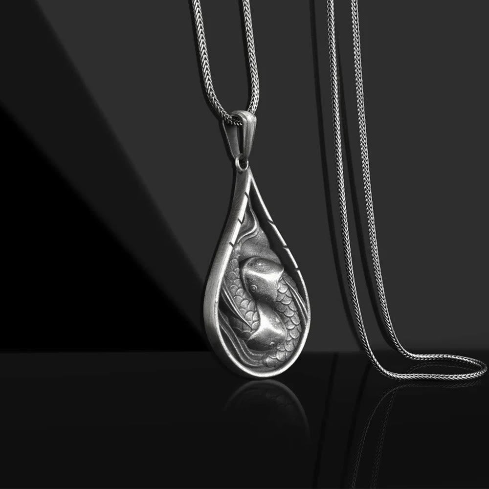 Fortune Jewel Double Lucky Koi Fish Prosperity Pure Tin Water Drop Pattern Necklace Pendant