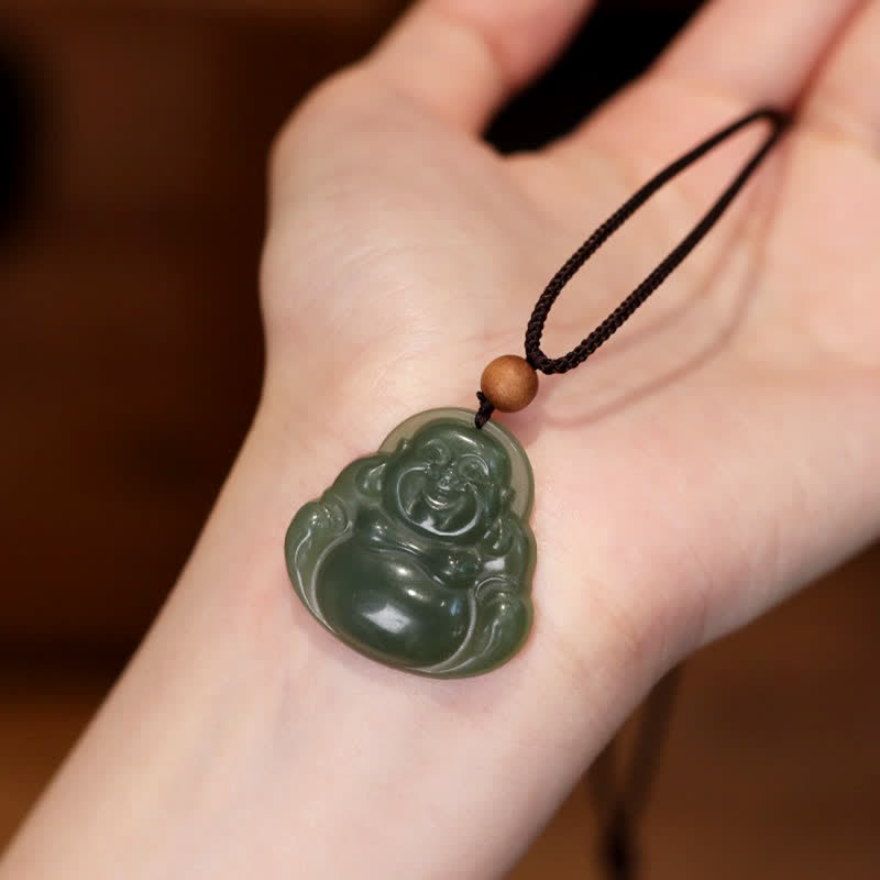Fortune Jewel Laughing Buddha Hetian Jade Healing Calm Necklace String Pendant Fortune Jewel