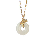 Fortune Jewel 925 Sterling Silver Natural Hetian Jade Ginkgo Leaf Peace Buckle Luck Necklace Pendant