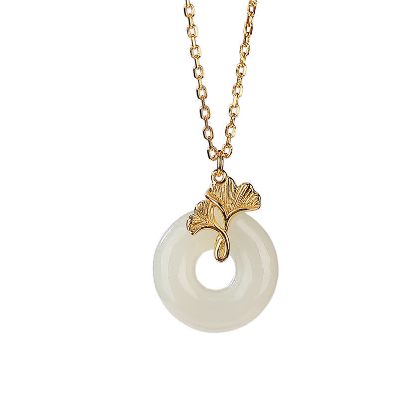 Fortune Jewel 925 Sterling Silver Natural Hetian Jade Ginkgo Leaf Peace Buckle Luck Necklace Pendant