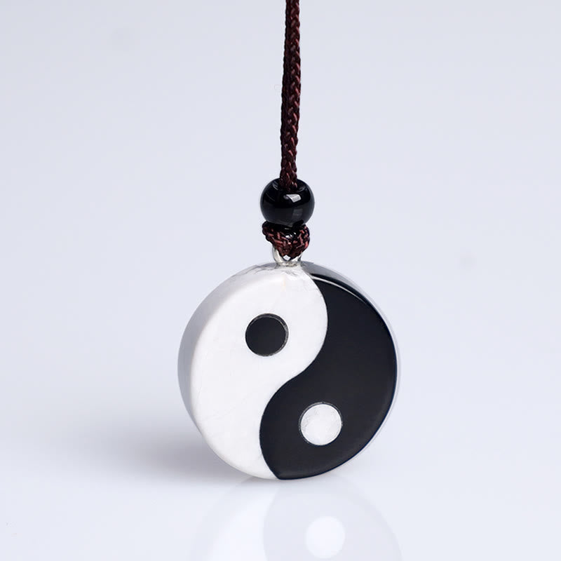 Fortune Jewel Natural Black Obsidian White Turquoise Yin Yang Fulfilment Strength Necklace Pendant