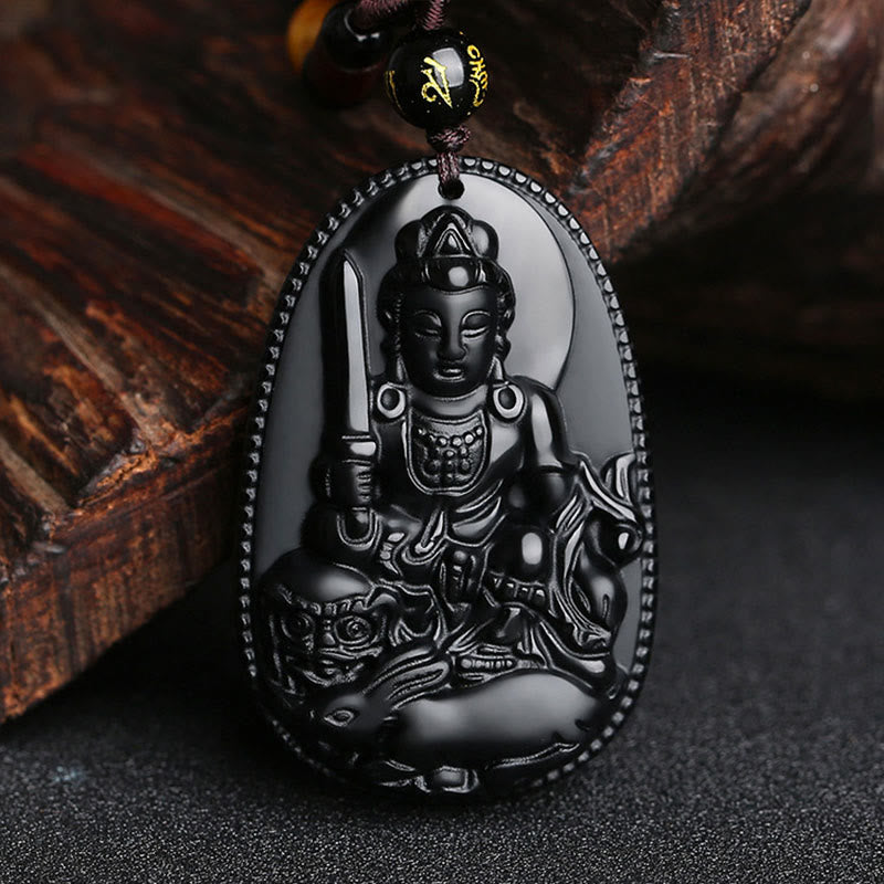 Fortune Jewel Chinese Zodiac Natal Buddha Natural Black Obsidian Purification Necklace Pendant