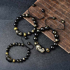 Fortune Jewel Natural Gold Sheen Obsidian PiXiu Om Mani Padme Hum Wealth Braided Bracelet